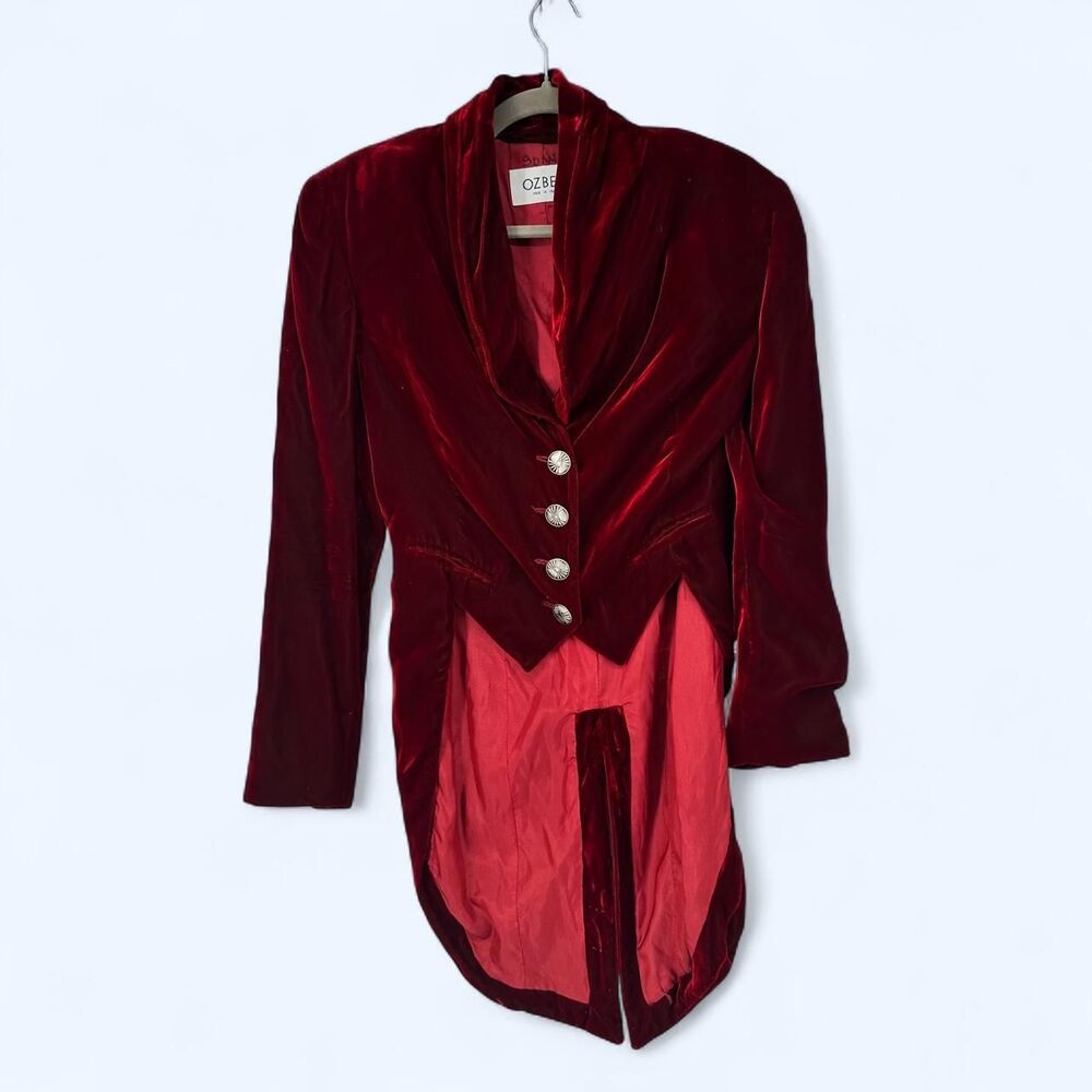 Ozbek Italy Runway Burgundy Velvet High Low Tailcoat Jacket c. 1992
